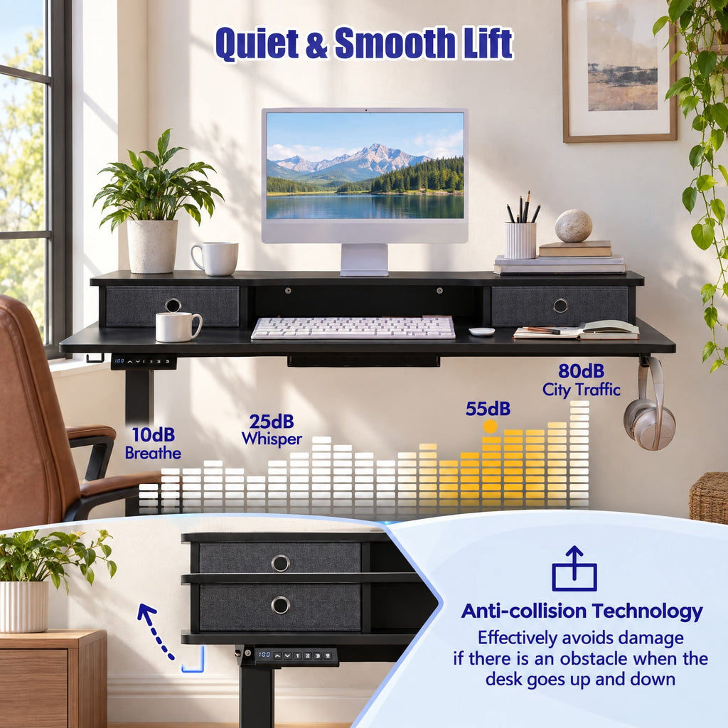 Airfind 48 Inch x 24 Inch Height Adjustable Electric Standing Desk with 2 Drawers, 200 lbs Capacity, Engineered Wood Metal Fabric Frame, Black