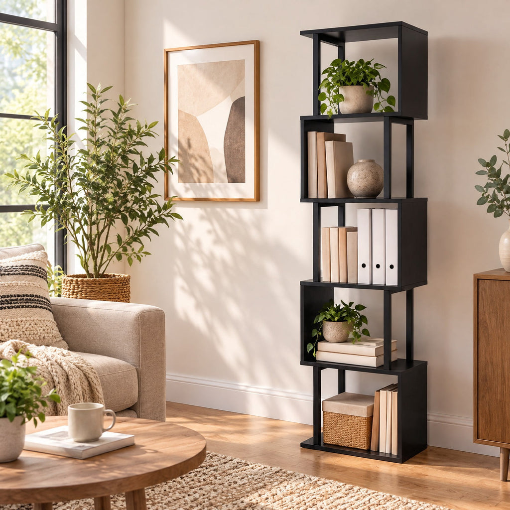 Airfind 5-Tier S-Shaped Bookshelf w/ Open Cubes Anti-toppling Kits for Living Room, 22 lbs Capacity, Engineered Wood Frame, Black