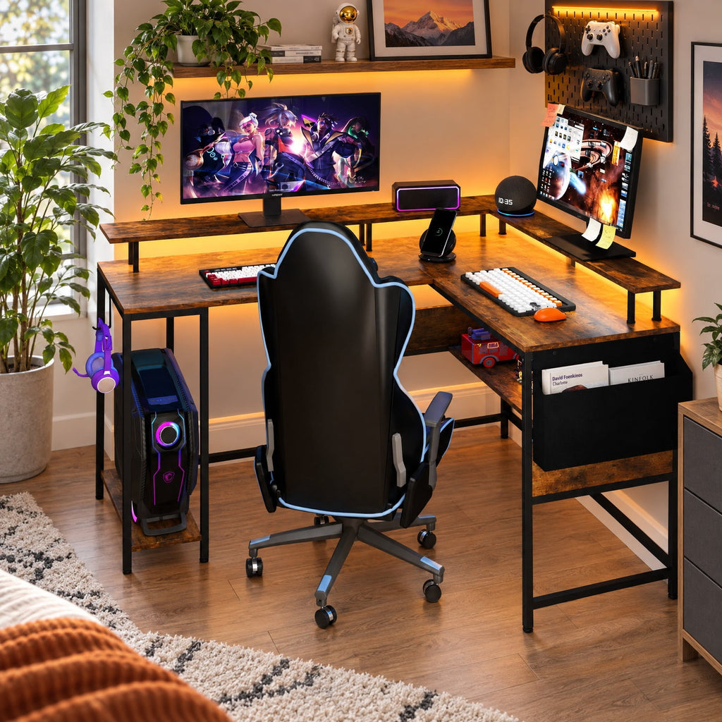 Airfind L-Shaped Gaming Desk with LED Lights and Power Outlets Home Office Computer Desk, 200 lbs Capacity, Engineered Wood Metal Frame, Brown