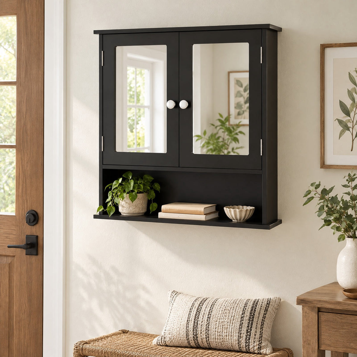Airfind Double Door Wall-Mounted Bathroom Mirror Cabinet with Storage Shelf, 44 lbs Capacity, Engineered Wood Frame, 20in x 3.5in x 16in Footprint