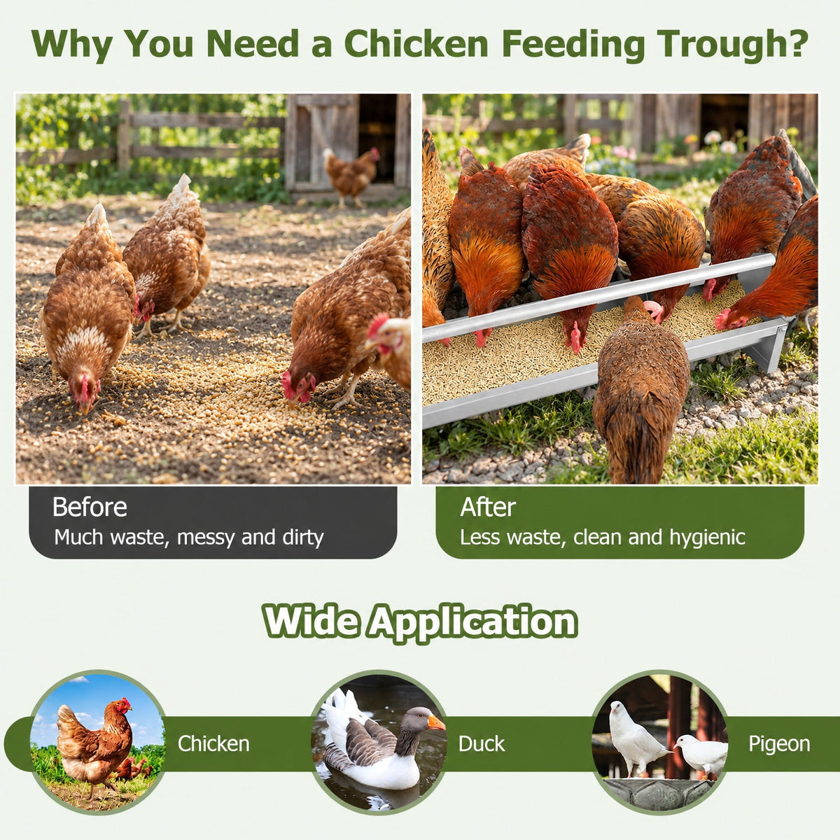 Airfind Metal Chicken Feeder Chicken Feeding Trough with Drainage Holes, Galvanized Steel Frame, 45 x 8 x 8 Footprint, Silver