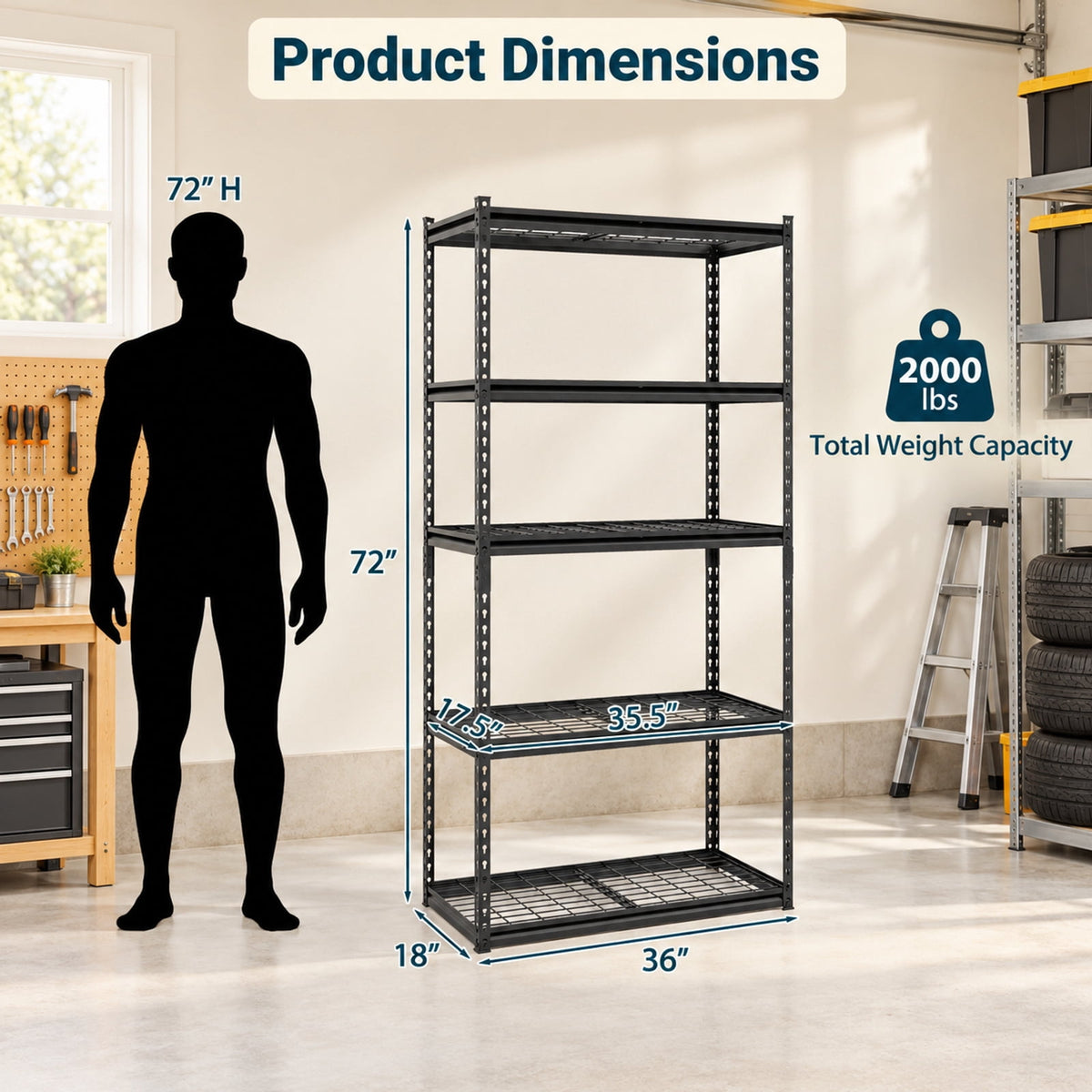AIRFIND Metal Shelving Units Set of 4, 5 Adjustable Wire Shelves Each, 400 lb Capacity per Tier, 36 x 18 x 72 in Each, Black