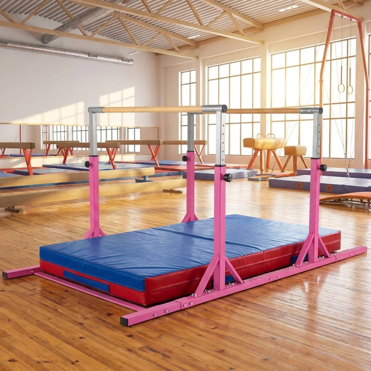 Airfind Adjustable Foldable Gymnastics Bar for Home with Heavy-Duty Steel Frame and Non-Slip Rubber Feet plus Safety Lock Pins for Kids Training, Pink