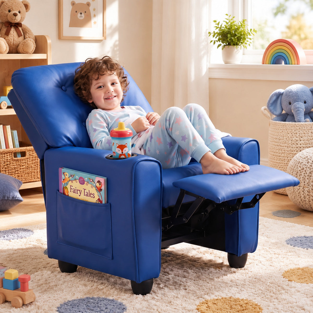 Airfind Youth Recliner Chair with Cup Holder, Side Pocket and Push-back Footrest, PU Upholstery, 24 x 21 x 30 in for Everyday Use, Blue