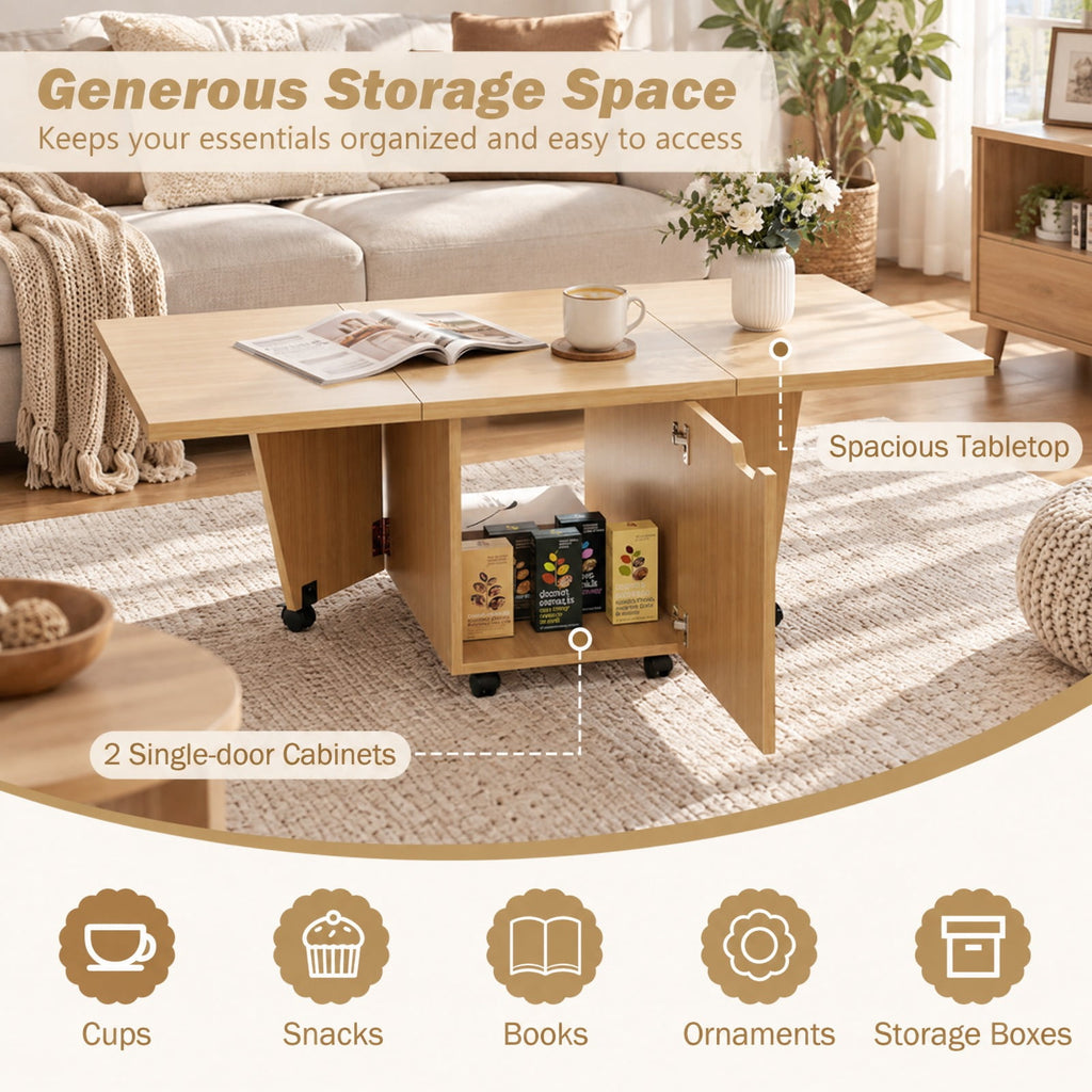 Airfind Foldable Coffee Table with Storage Cabinet Extendable Center Table, 155 lbs Capacity, Engineered Wood Frame, 48in x 24in x 18in Footprint, Oak