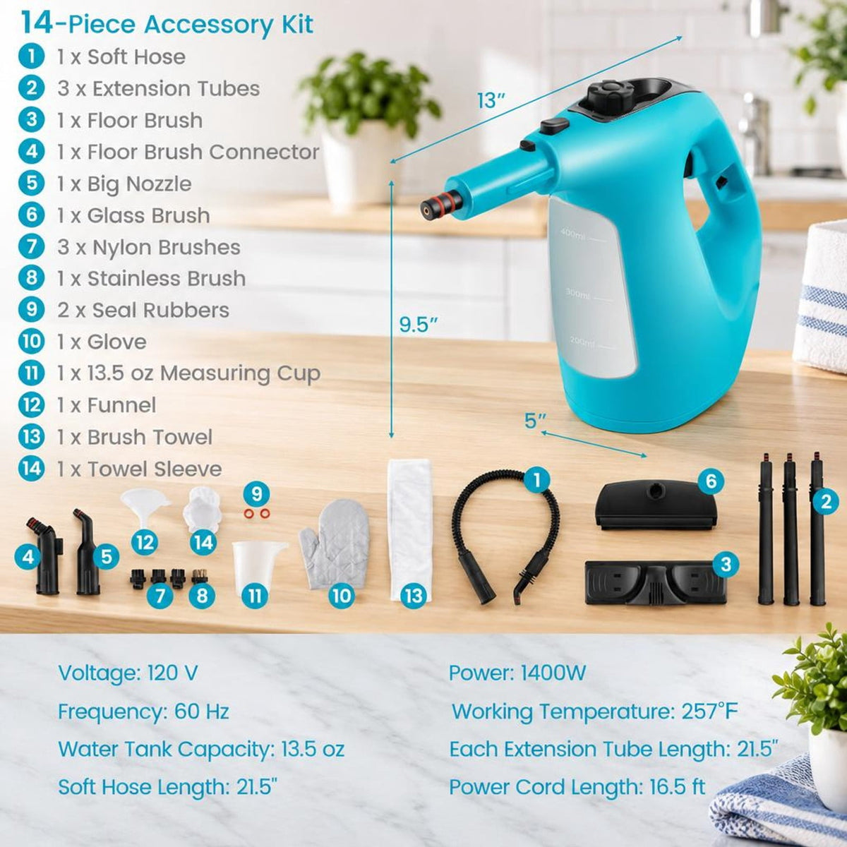 Airfind 1400W Handheld Steam Cleaner with 14-Piece Accessory Kit and Child Lock, PP Frame, 13 x 5 x 9.5 Footprint, Blue