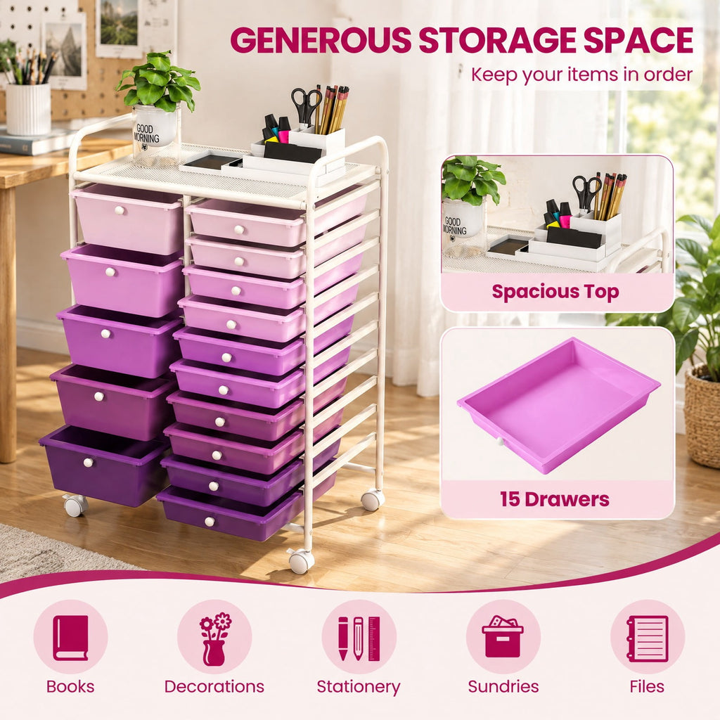Airfind 15-Drawer Utility Rolling Organizer Cart Multi-Use Storage, Steel frame and plastic boxes Frame, 25 x 14.5 x 34.5 Footprint, Purple