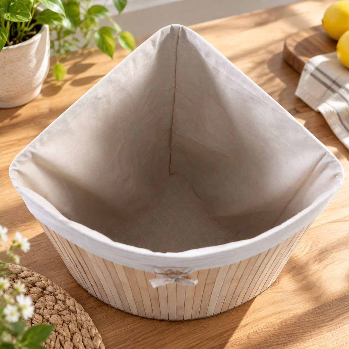 Airfind Corner Bamboo Hamper Laundry Basket, Bamboo and polyester cotton Frame, Natural, Easy to carry with a handle on each side