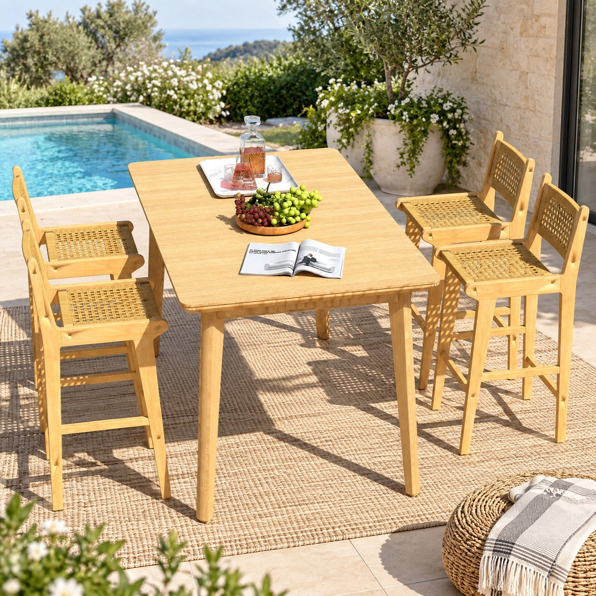 Airfind Patio Teak Wood Bar Stool with Rattan Backrest and Seat, Bar Stool 350 lbs Capacity, Teak Wood PE Rattan Frame, 16 x 19.5 x 40 Footprint