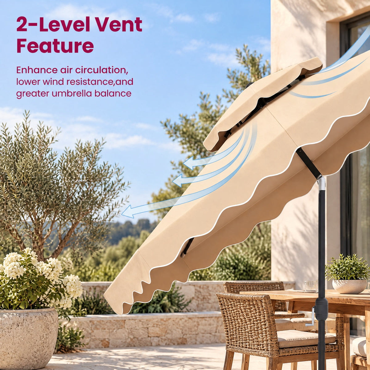 Airfind 9 Feet Patio Umbrella with Push Button Tilt and Crank, Polyester Fabric Metal Frame, 9 x 8.1 ft Footprint, Beige