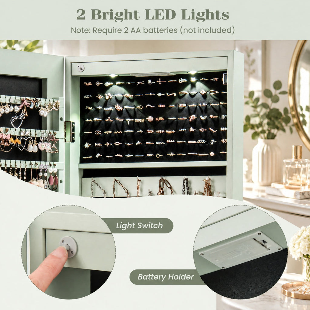 Airfind Wall and Door Mounted Mirrored Jewelry Cabinet with Lights, MDF Board Glass Mirror Frame, 14 Inch x 4 Inch x 54.5 Inch Footprint, Green