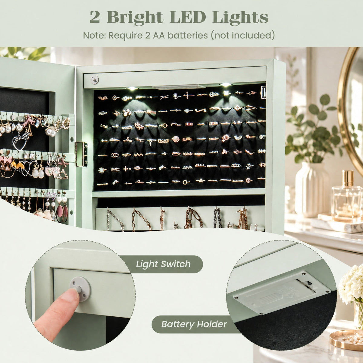 Airfind Wall and Door Mounted Mirrored Jewelry Cabinet with Lights, MDF Board Glass Mirror Frame, 14 Inch x 4 Inch x 54.5 Inch Footprint, Green