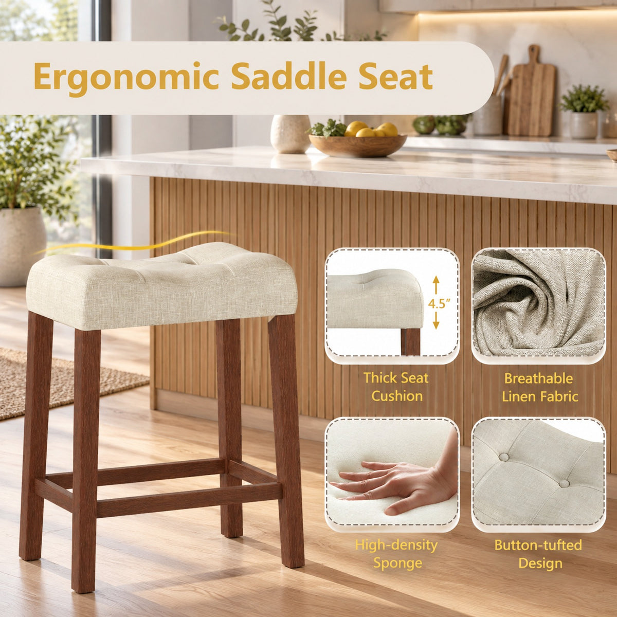 Airfind Set of 2 Upholstered Counter Height Bar Stool with Curved Saddle-Seat, 330 lbs Capacity, Rubber Wood MDF Fabric Sponge Frame, Brown