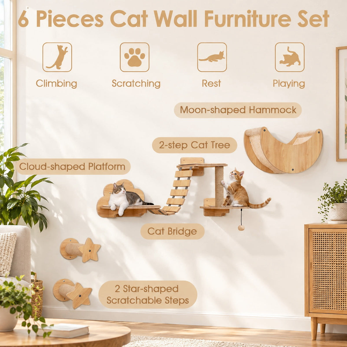 Airfind Cat Wall Furniture Set Kitten Wall Mounted Shelves with Hammock, 22 lbs Capacity, Natural, Size of the Hammock 13 Inch x 12.5 Inch x 19 Inch