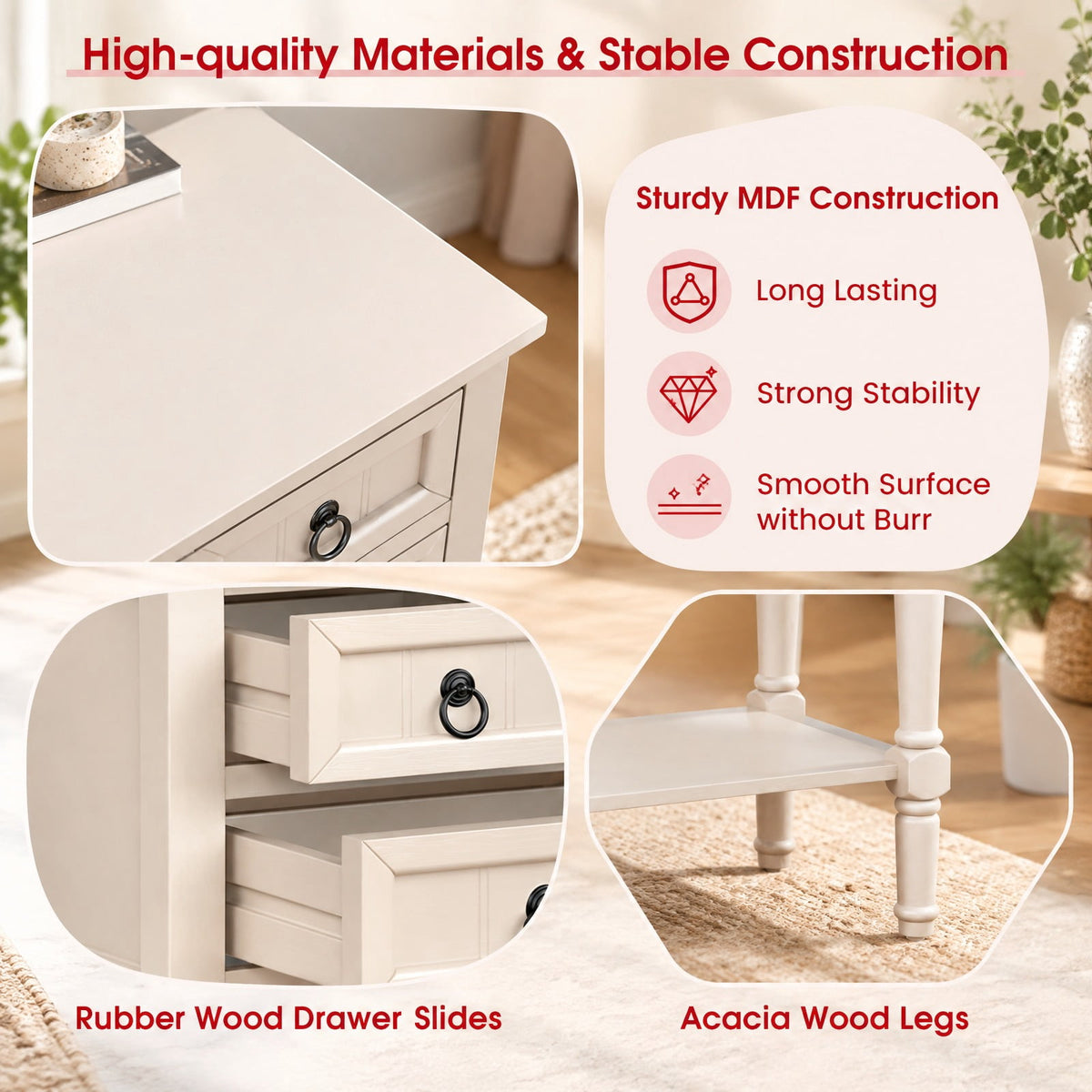 Airfind Narrow Console Table with 3 Storage Drawers and Open Bottom Shelf, 154 lbs Capacity, MDF Rubber wood Acacia Wood Frame, Beige