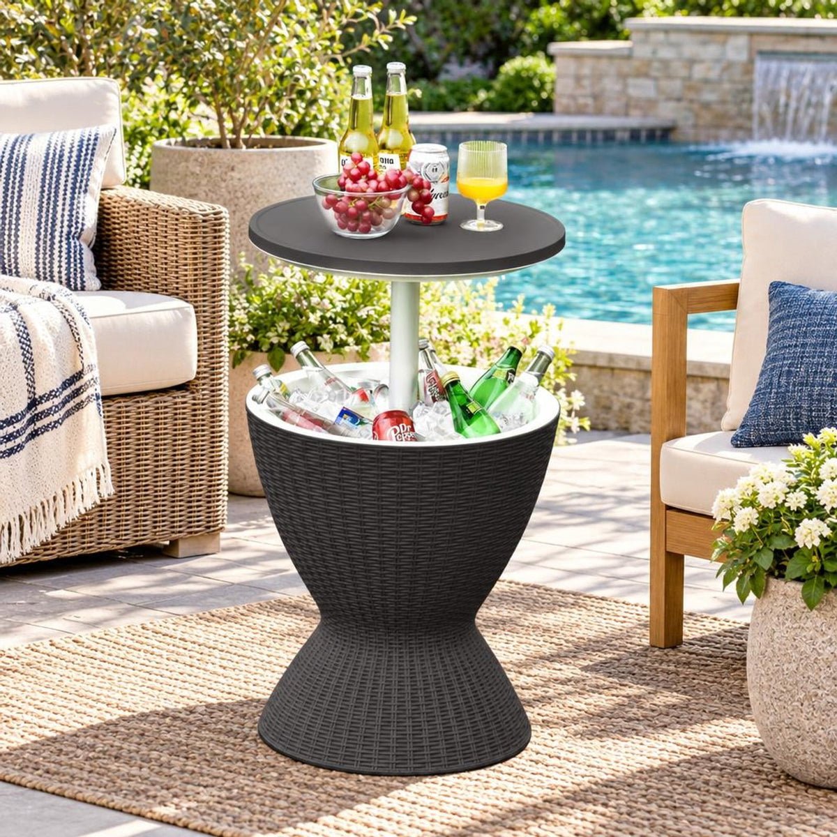 Airfind 3 in 1 8 Gallon Patio Rattan Cooler Bar Table with Adjust Ice Bucket, 165 lbs Capacity, PP Frame, Φ19 x 22.5 Footprint, Black