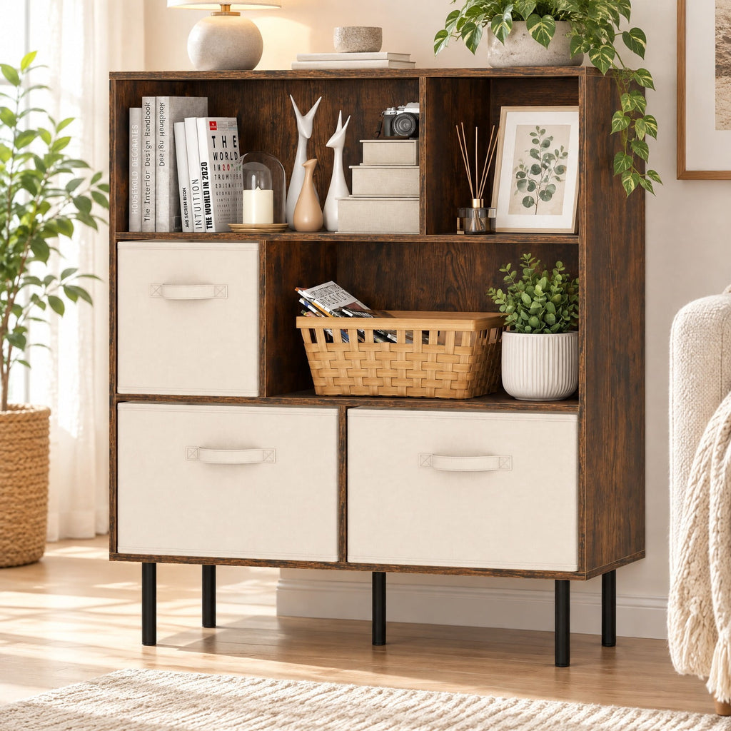 Airfind 6-Cube Bookshelf with 3 Removable Folding Fabric Drawers for Living Room, 330 lbs Capacity, Metal Engineered Wood Frame, Brown