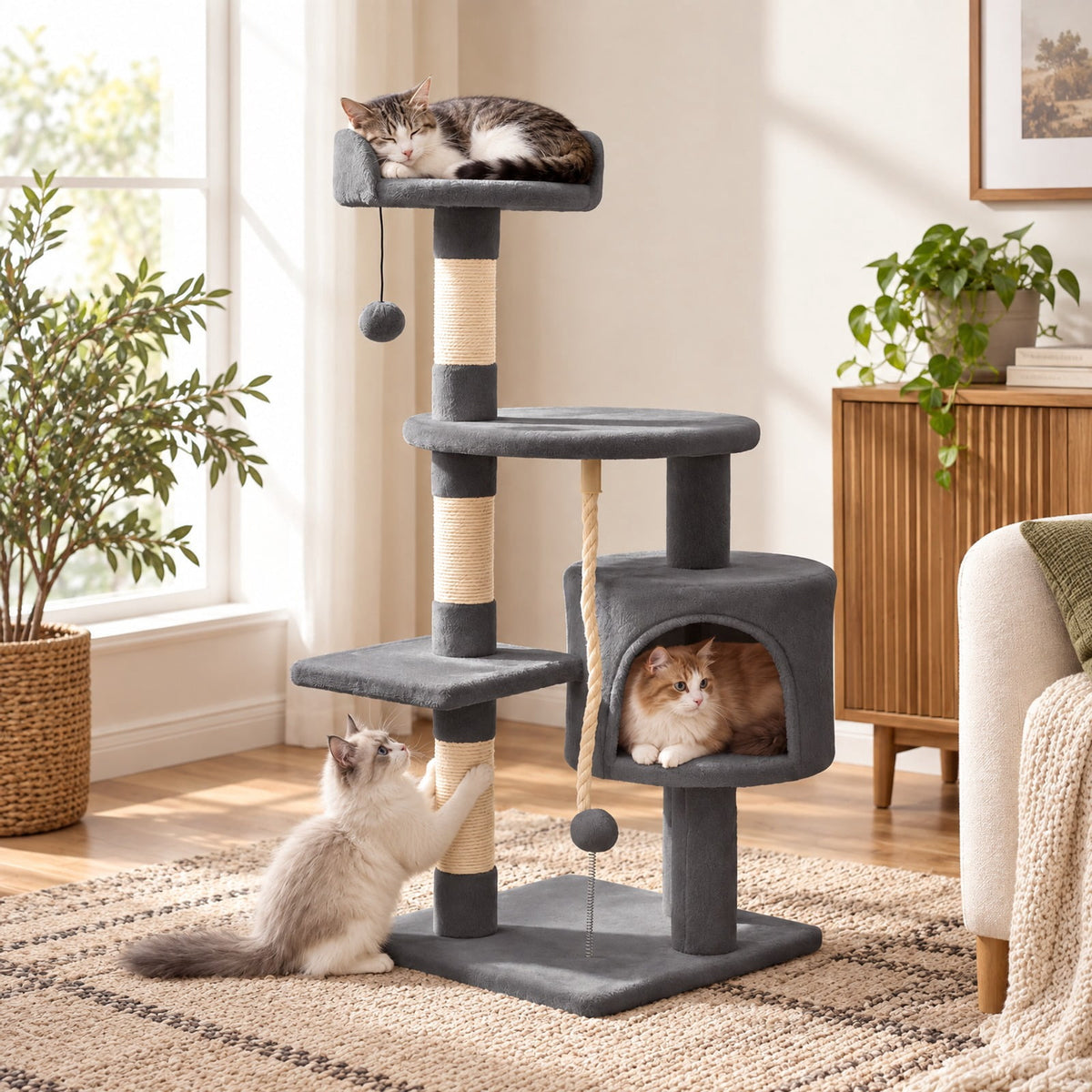 Airfind 36 Inch Tall Kitten Tower with Condo and Plush Perch, 22 lbs Capacity, Engineered Wood Sponge Plush Fabric Sisal Base Frame, Light Gray