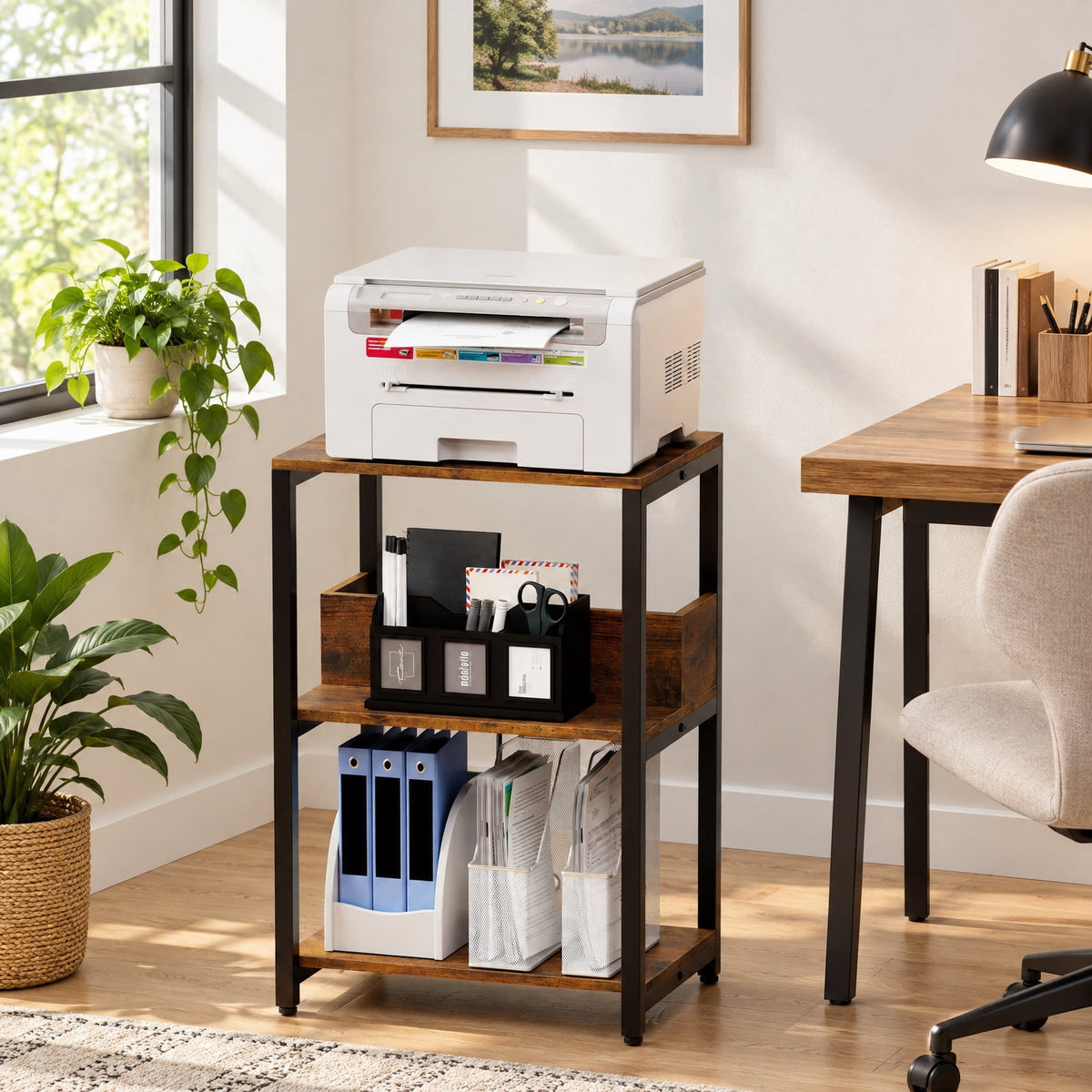 Airfind Side End Table with Charging Station and Open Shelves, 66 lbs Capacity, Engineered Wood Metal Frame, 16 x 12 x 24 Footprint, Brown