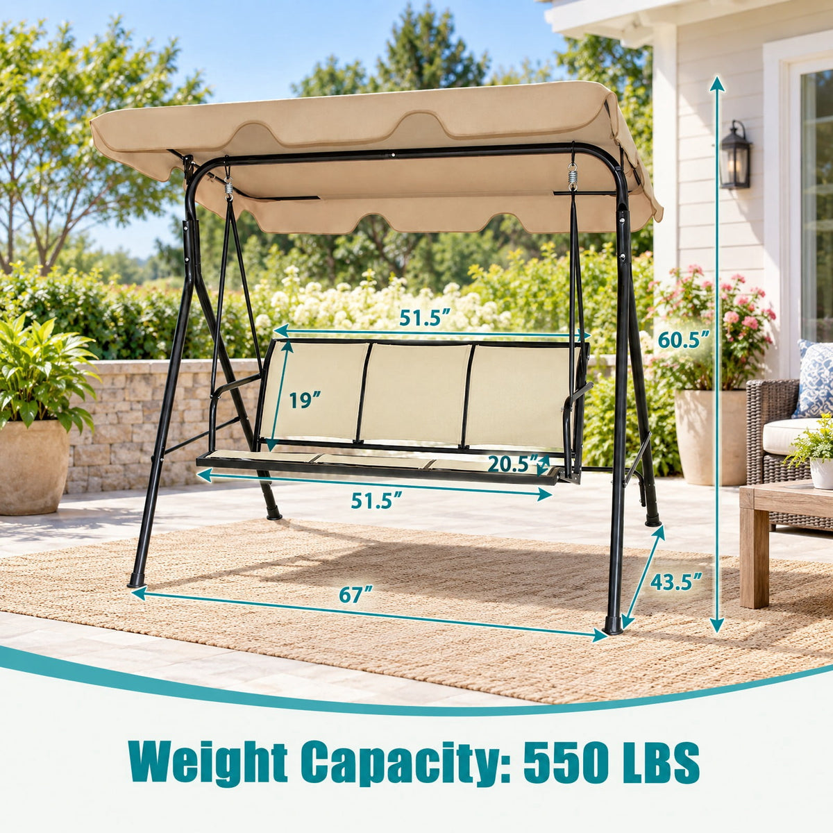 Airfind 3 Person Steel Frame Patio Swing with Polyester Angle and Adjustable Canopy, 550 lbs Capacity, Steel textile fiber polyester Frame, Brown