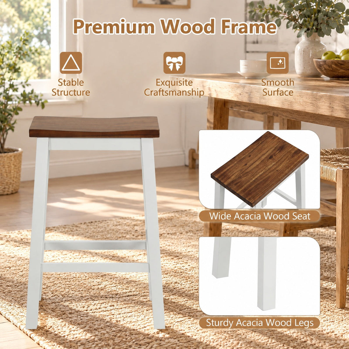Airfind 24.5-Inch Set of 2 Saddle Stools Bar Stools with Footrests for Kitchen Island-Walnut and Gray, 350 lbs Capacity, Rubber Wood Acacia Wood Frame