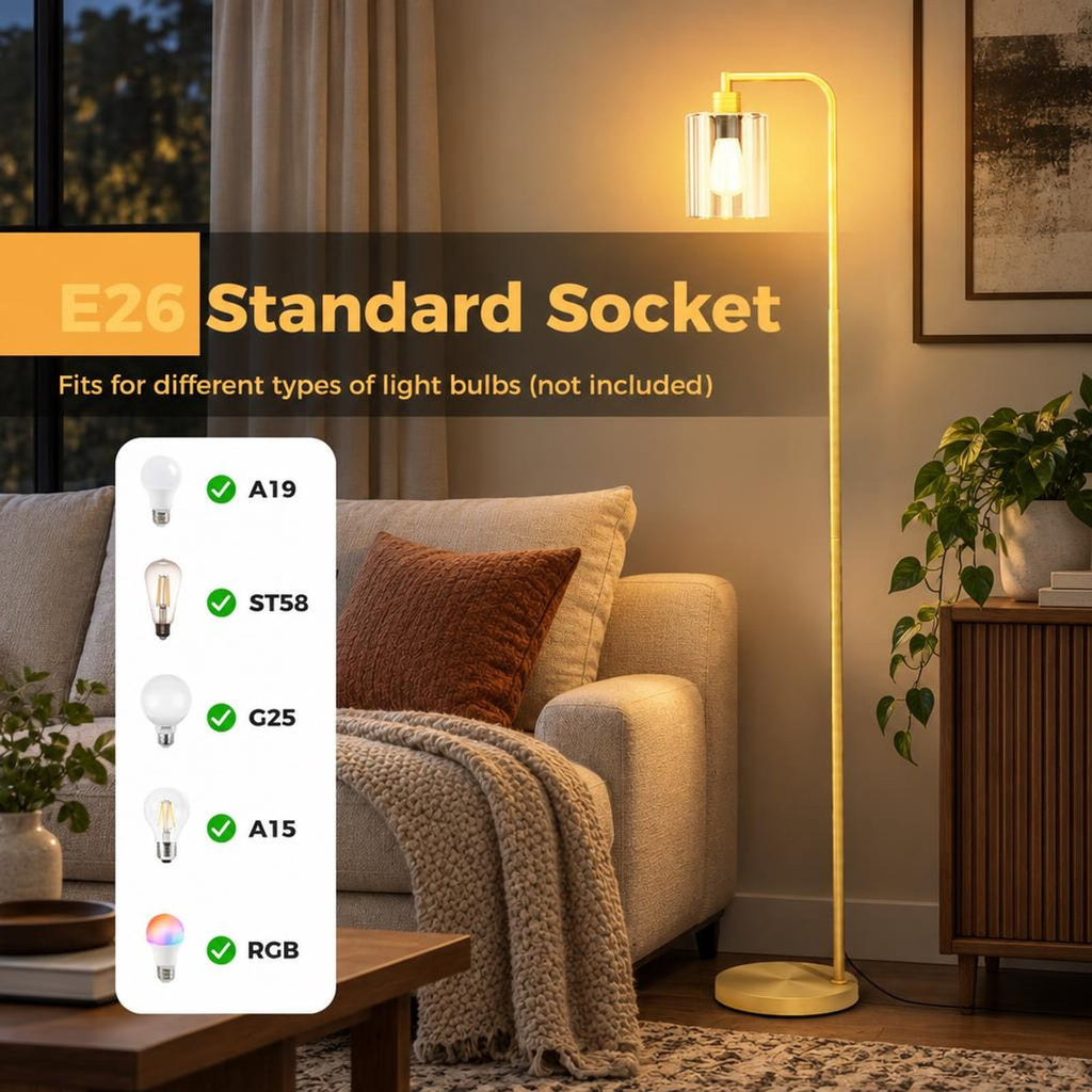 Airfind Modern Floor Lamp with Hanging Glass Lampshade and Foot Switch, 10in x 66inSize of Lampshade 5.5in x 6.5inLength of Footprint, Black