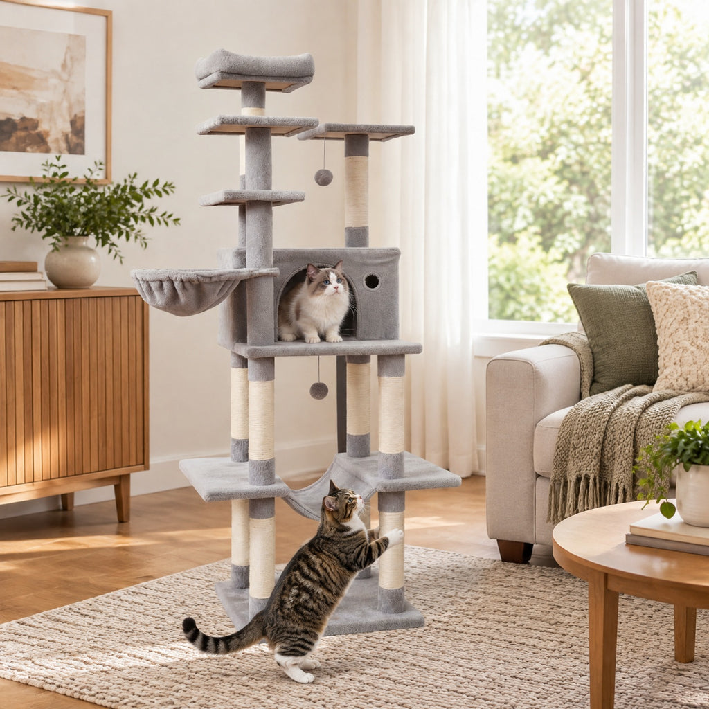 Airfind Large Cat Tree for Indoor Cats 63 Inch Tall Cat Tower, Plush Fabric Sisal Engineered Wood Base Frame, Gray