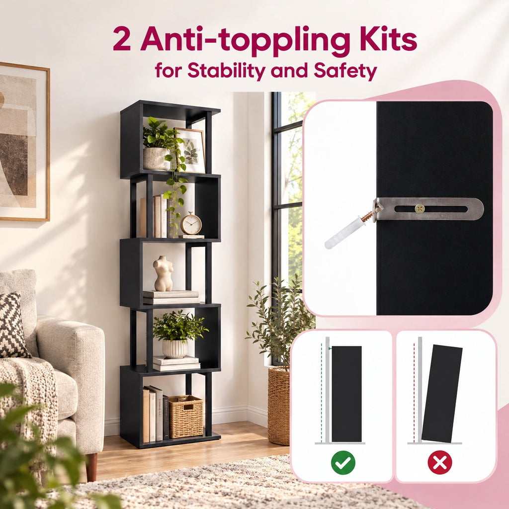 Airfind 5-Tier S-Shaped Bookshelf w/ Open Cubes Anti-toppling Kits for Living Room, 22 lbs Capacity, Engineered Wood Frame, Black