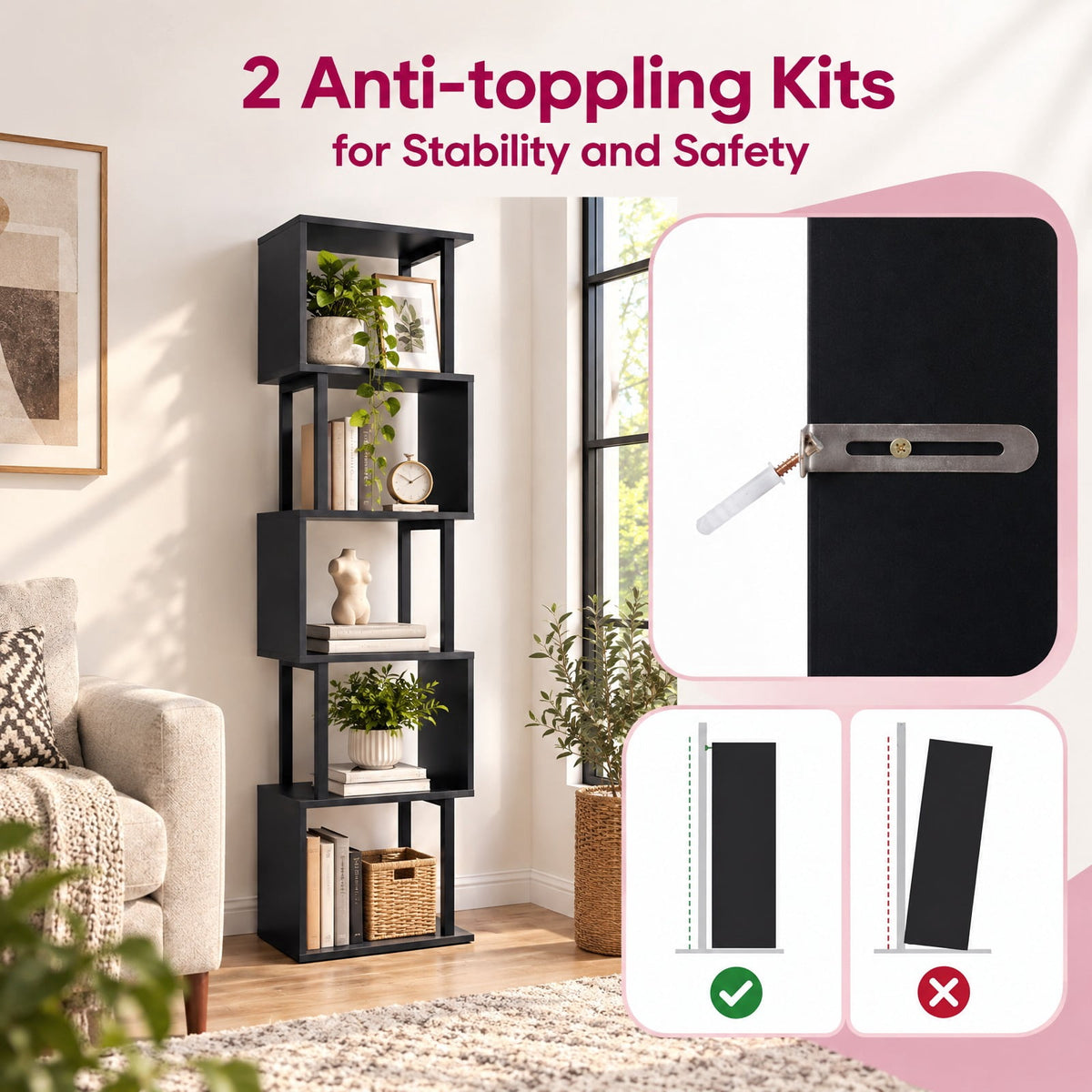 Airfind 5-Tier S-Shaped Bookshelf w/ Open Cubes Anti-toppling Kits for Living Room, 22 lbs Capacity, Engineered Wood Frame, Black
