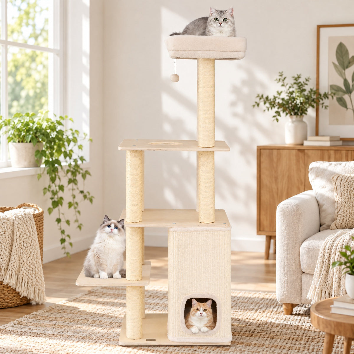 Airfind 63 Inch Tall Wooden Cat Tree with 2-Story Condo and Plush Padded Top Perch, 44 lbs Capacity, 23in x 19in x 63in Condo Footprint, Natural