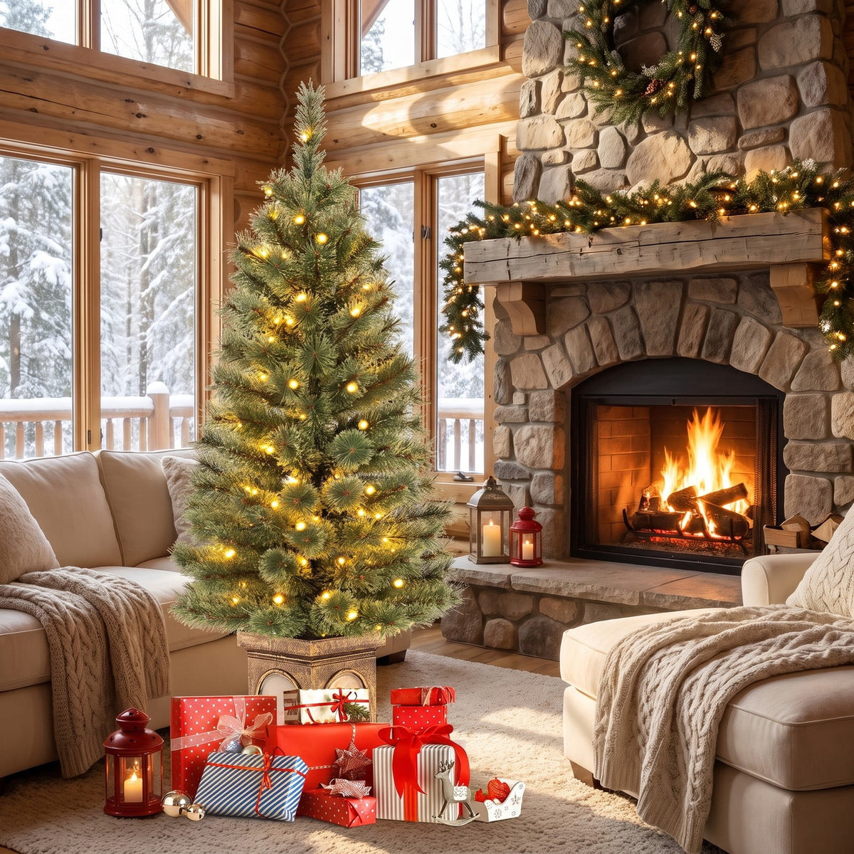 Airfind 4 Feet Pre, Pine Needles Cement Tree Height 120 cm Tree Width 50 cm Frame, Green+Gold, Size of the Base 18.5 x 18.5 x 26.5 cm