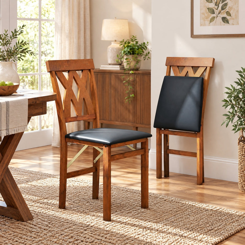 Airfind Folding Wooden Dining Chair Set of 2 Faux Leather Upholstered Kitchen Armless Chairs, 330 lbs Capacity, 16 Inch x 21 Inch x 36 Inch Footprint, Walnut