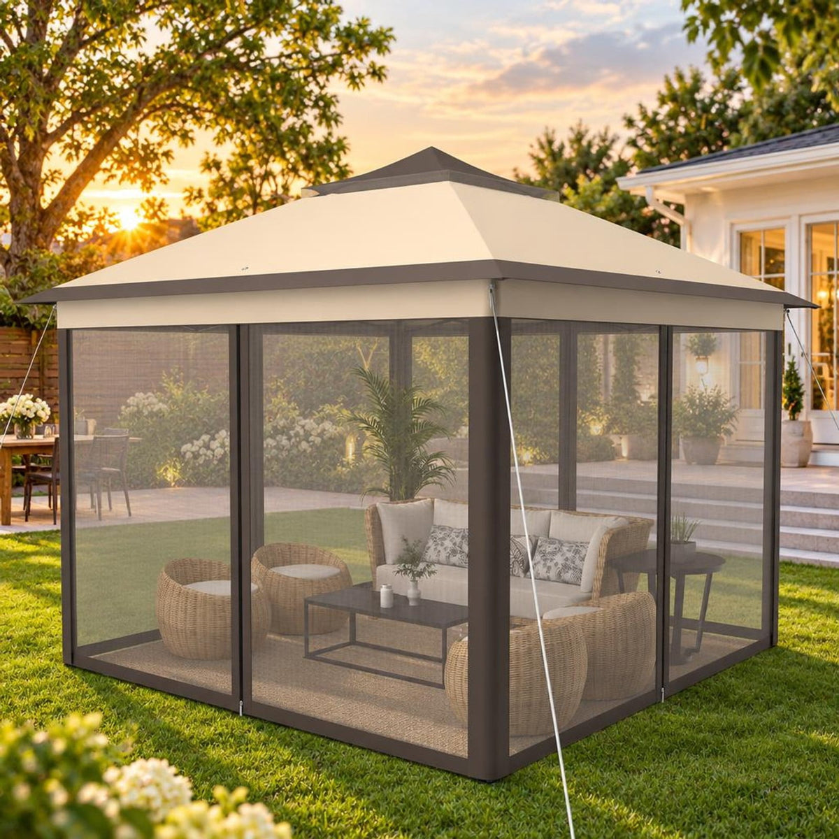 Airfind 2-Tier Pop-Up Gazebo Tent Portable Canopy Shelter Carry Bag Mesh, Polyester fabric steel pipe Frame, Brown