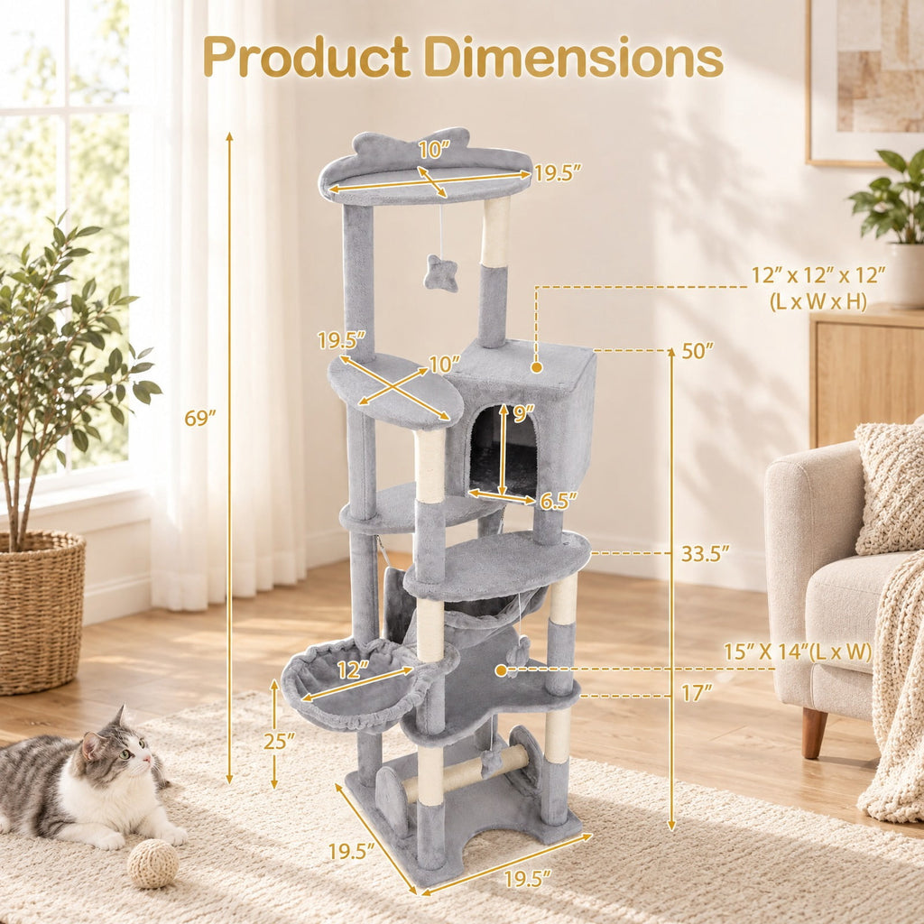 Airfind 69 Inch Multi-level Cat Tree with Top Perch and Cozy Condo, 11 lbs Capacity, Gray + Orange, Featuring large condo for peaceful rest