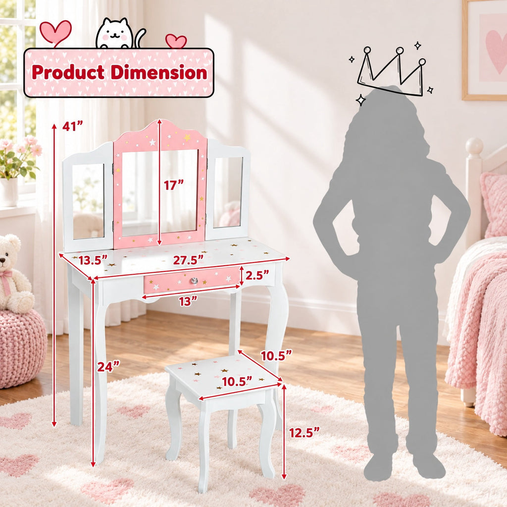 Airfind Kids Princess Vanity Table and Stool Set with Tri-folding Mirror and Drawer, 44 lbs Capacity, MDF Frame, White