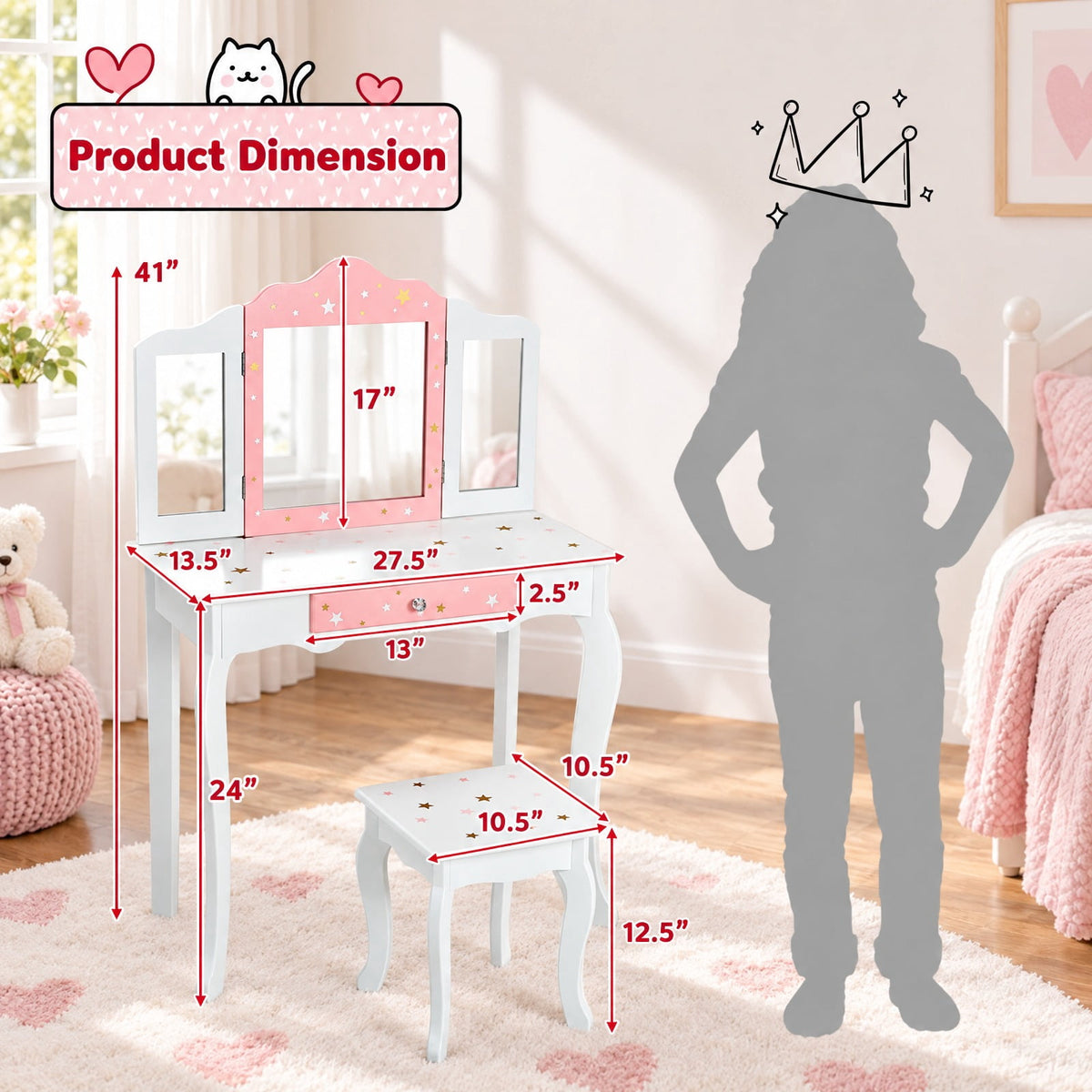 Airfind Kids Princess Vanity Table and Stool Set with Tri-folding Mirror and Drawer, 44 lbs Capacity, MDF Frame, White