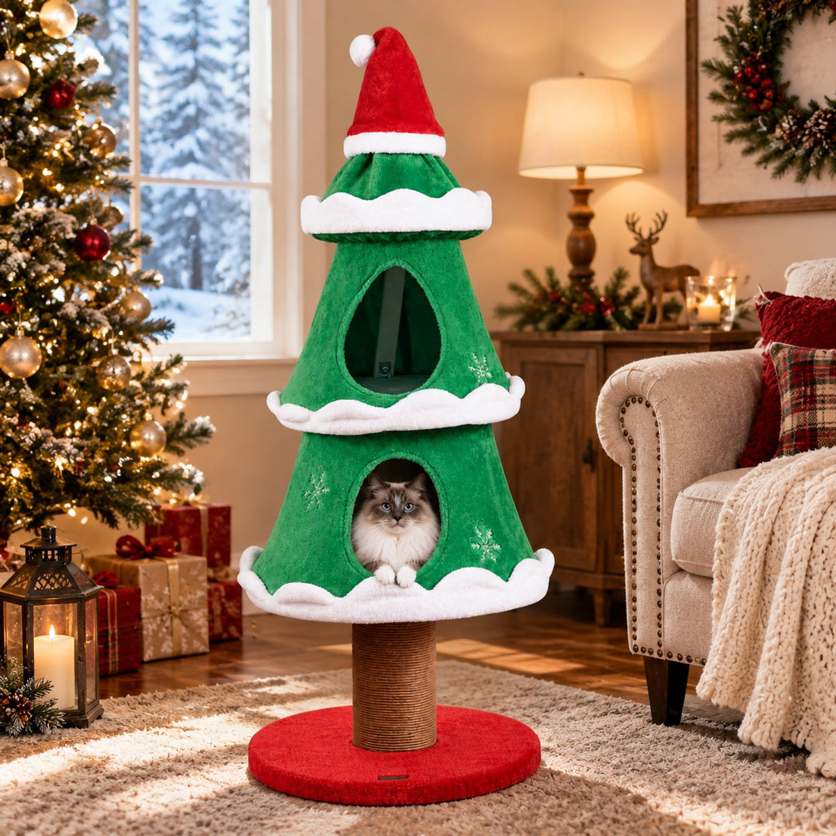 Airfind 51 Christmas Cat Tree with 2 Cozy Condos and Scratching Post for Pets, 19.5 x 19.5 x 51Height of Scratching Post 11Weight Footprint