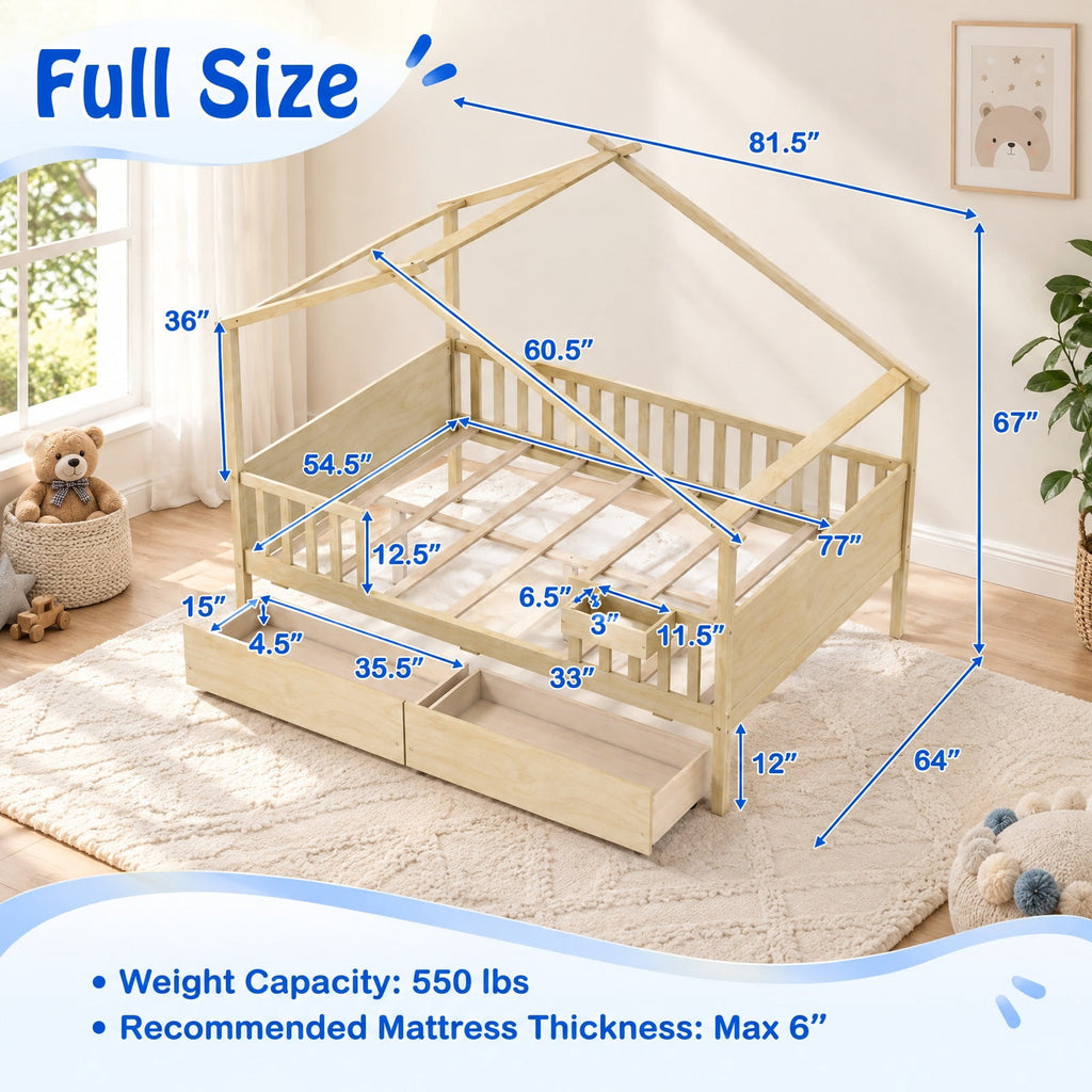 Airfind Full Size House Bed with Roof and Fence Rails for Kid, 550 lbs Capacity, Pine Wood Plywood MDF Engineered Wood Frame, Natural