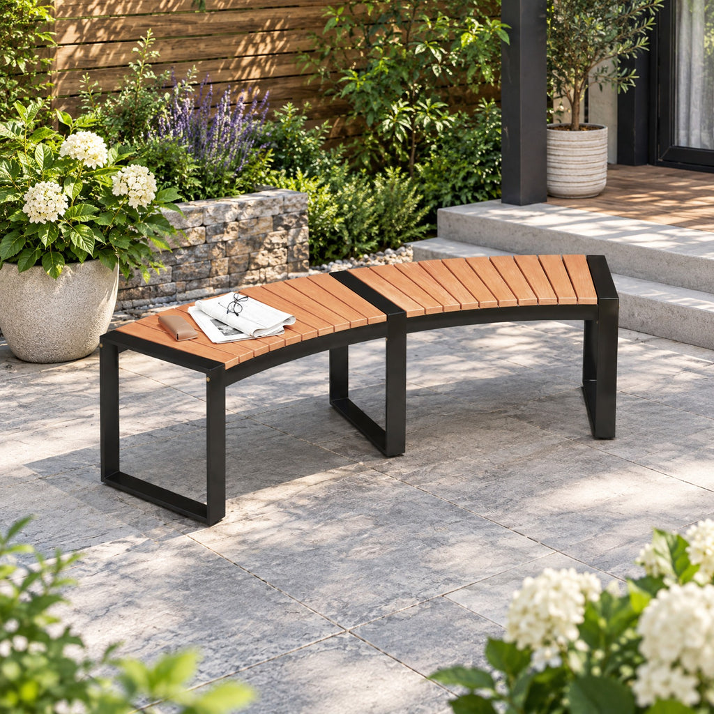 Airfind Patio Curved Bench with Slatted Seat and Metal Legs-1 Piece, 57.5 x 23 x 18Seat Depth 16Weight Footprint