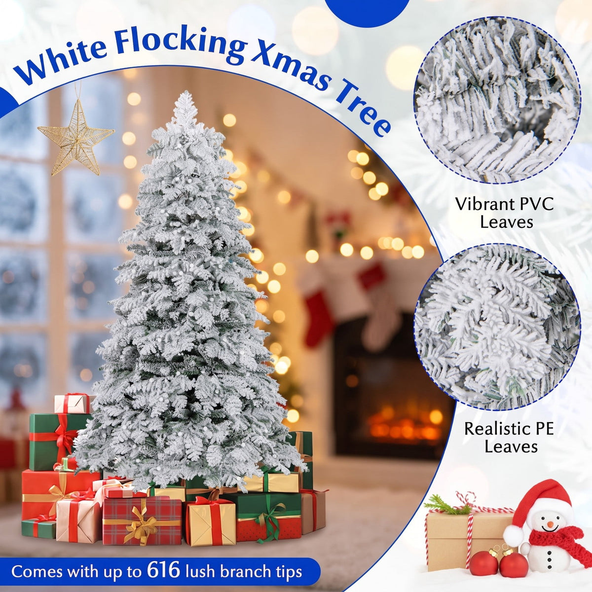 Airfind 6/7 Feet Artificial Snow-flocked Christmas Tree Pre-lit Hinged Xmas Tree with 130 Twinkle Balls-6 Feet, Green and White