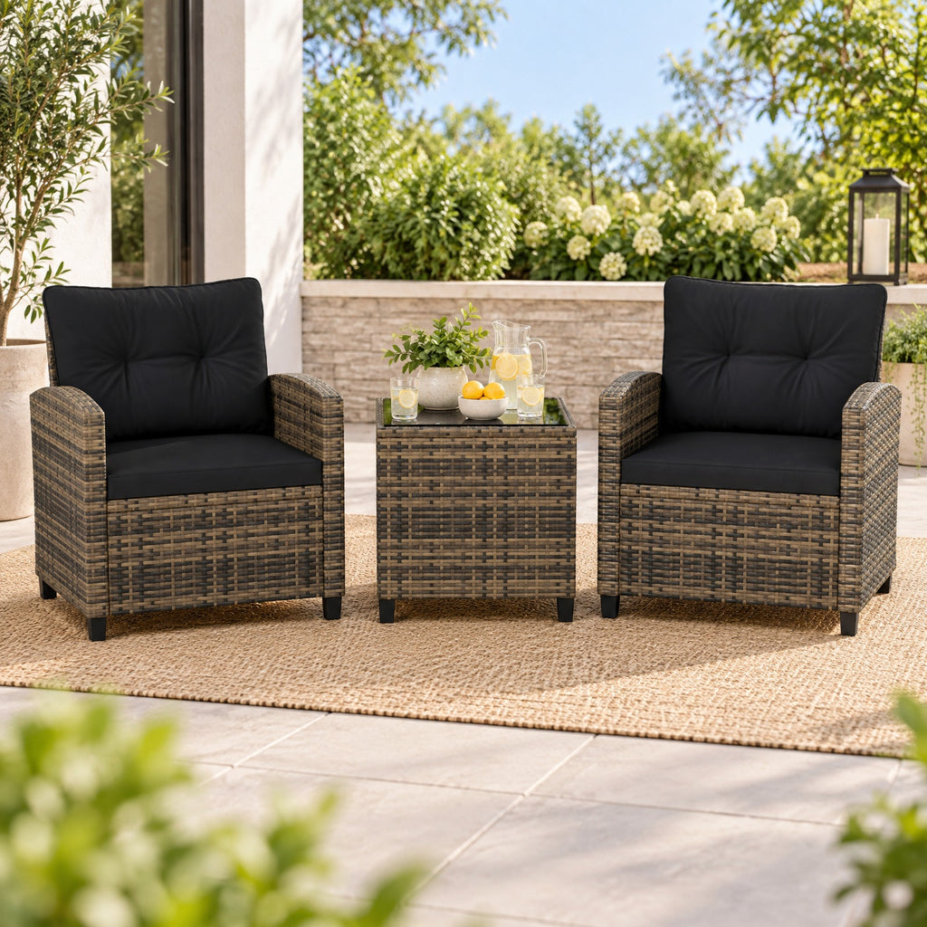 Airfind 3 Pieces Patio Furniture Set with Tempered Glass Coffee Table-Black Brown, 400 lbs Capacity, 25.5 x 26 x 30 Footprint, Coffee