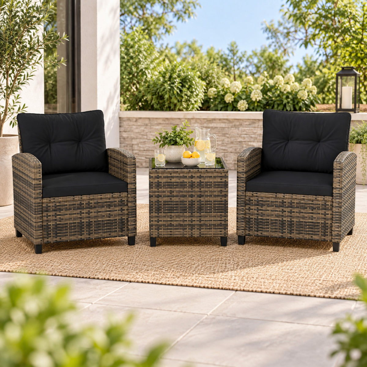 Airfind 3 Pieces Patio Furniture Set with Tempered Glass Coffee Table-Black Brown, 400 lbs Capacity, 25.5 x 26 x 30 Footprint, Coffee