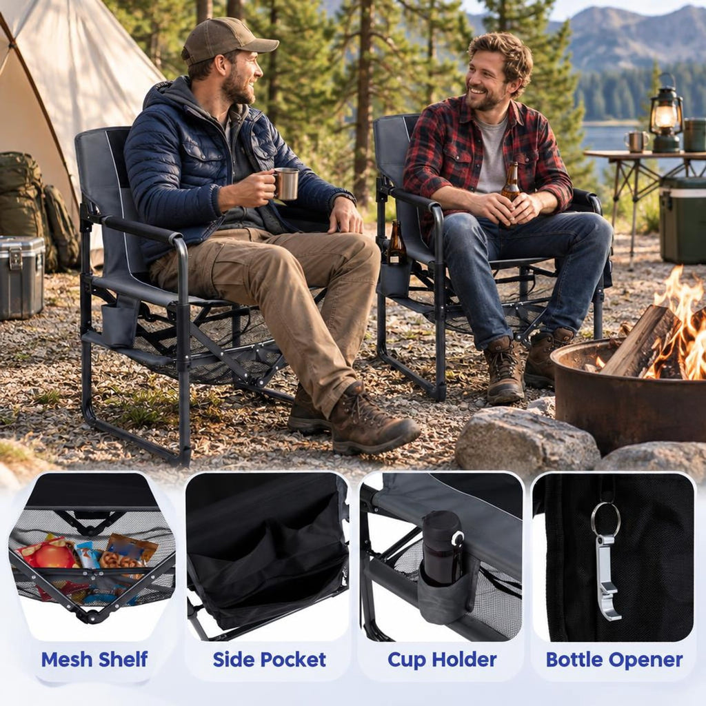 Airfind Heavy Duty Outdoor Camping Chair with Cup Holder and Side Pocket, 330 lbs Capacity, Metal Nylon Mesh PVC Fabric PP Frame, Black