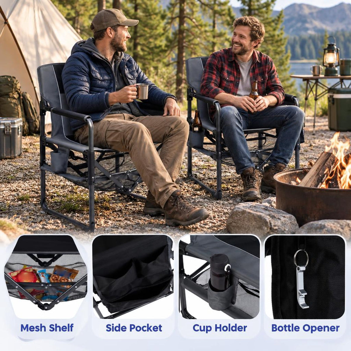 Airfind Heavy Duty Outdoor Camping Chair with Cup Holder and Side Pocket, 330 lbs Capacity, Metal Nylon Mesh PVC Fabric PP Frame, Black