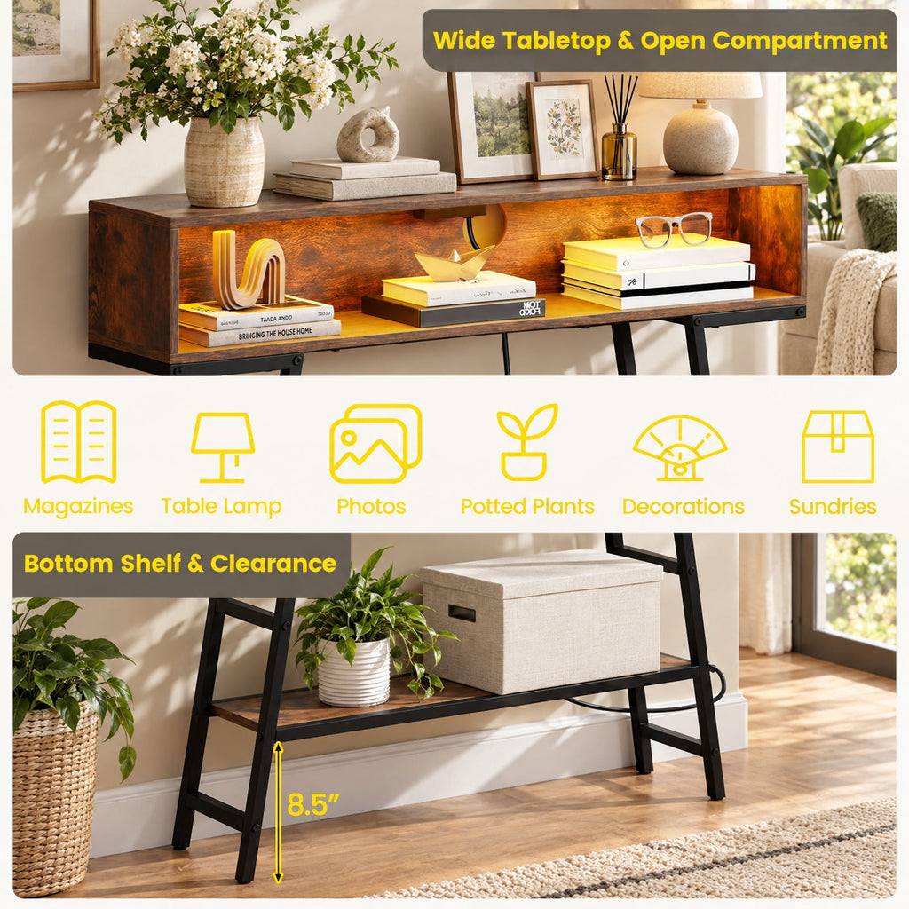 AIRFIND Console Table with Charging Station and RGB LED Lights, 40 inch Narrow Sofa Table with Open Storage and Metal Frame, Rustic Brown
