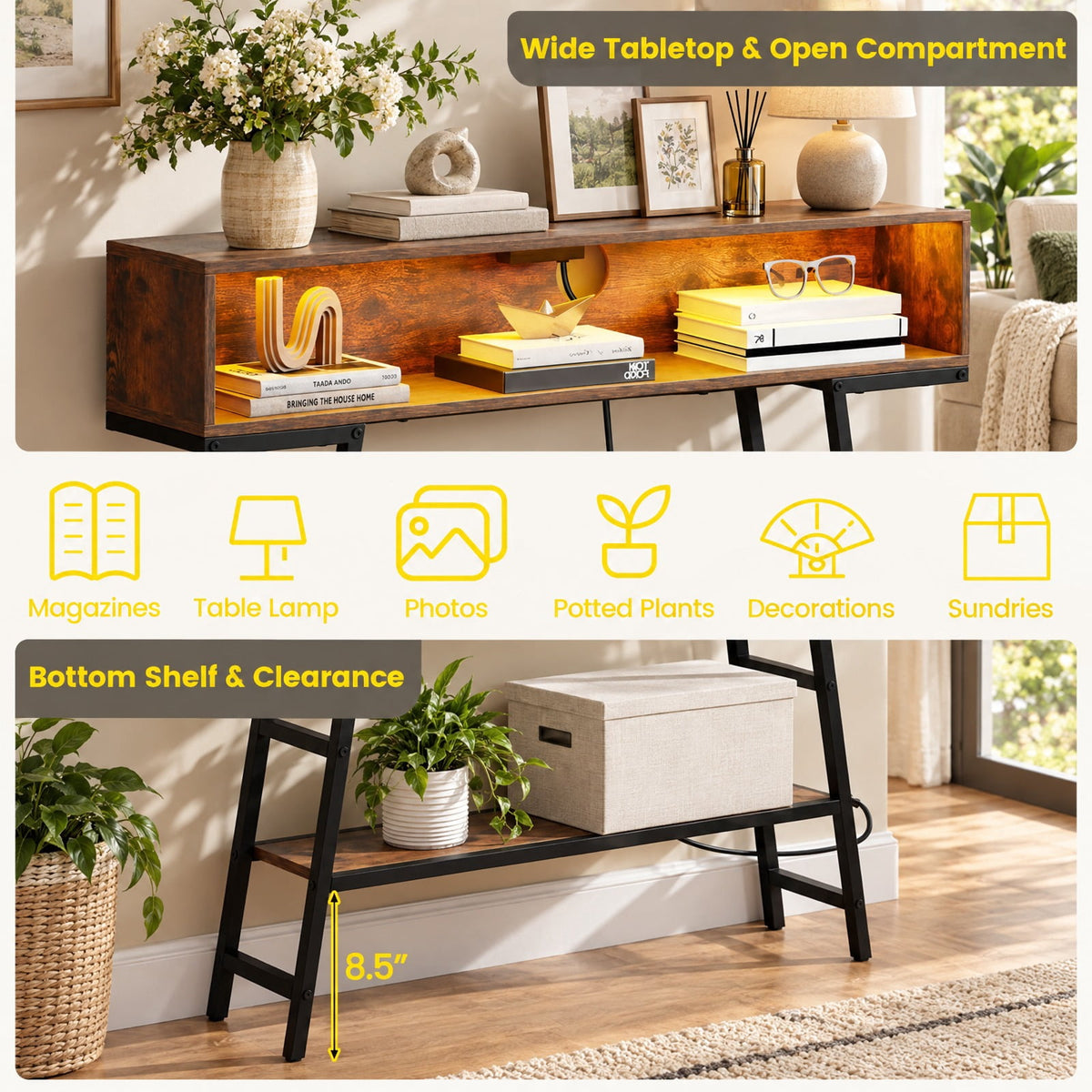AIRFIND Console Table with Charging Station and RGB LED Lights, 40 inch Narrow Sofa Table with Open Storage and Metal Frame, Rustic Brown