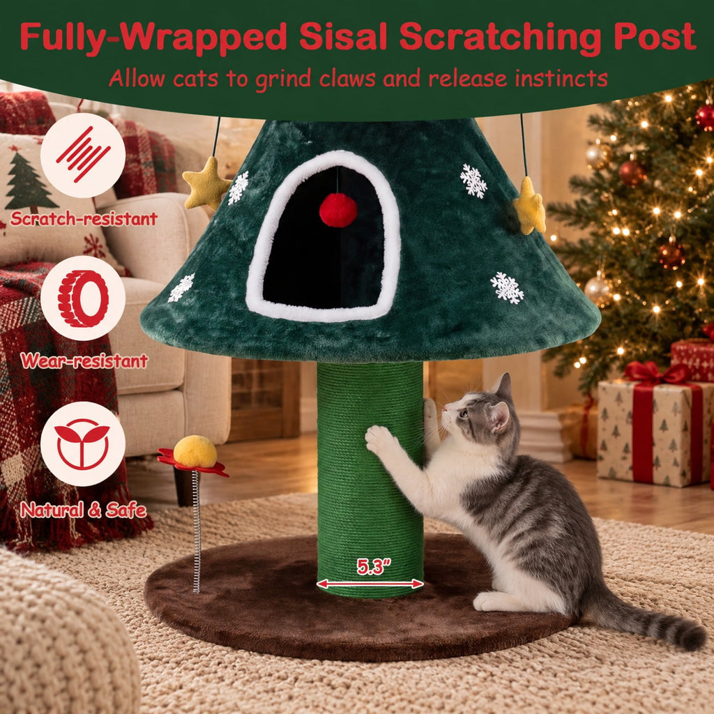 Airfind 54 Inch Christmas Cat Tree featuring 2 Private Condos for Indoor Cats, 22 lbs Capacity, Plush Fabric Frame, 23 Inch x 23 Inch x 54 Inch Footprint, Green