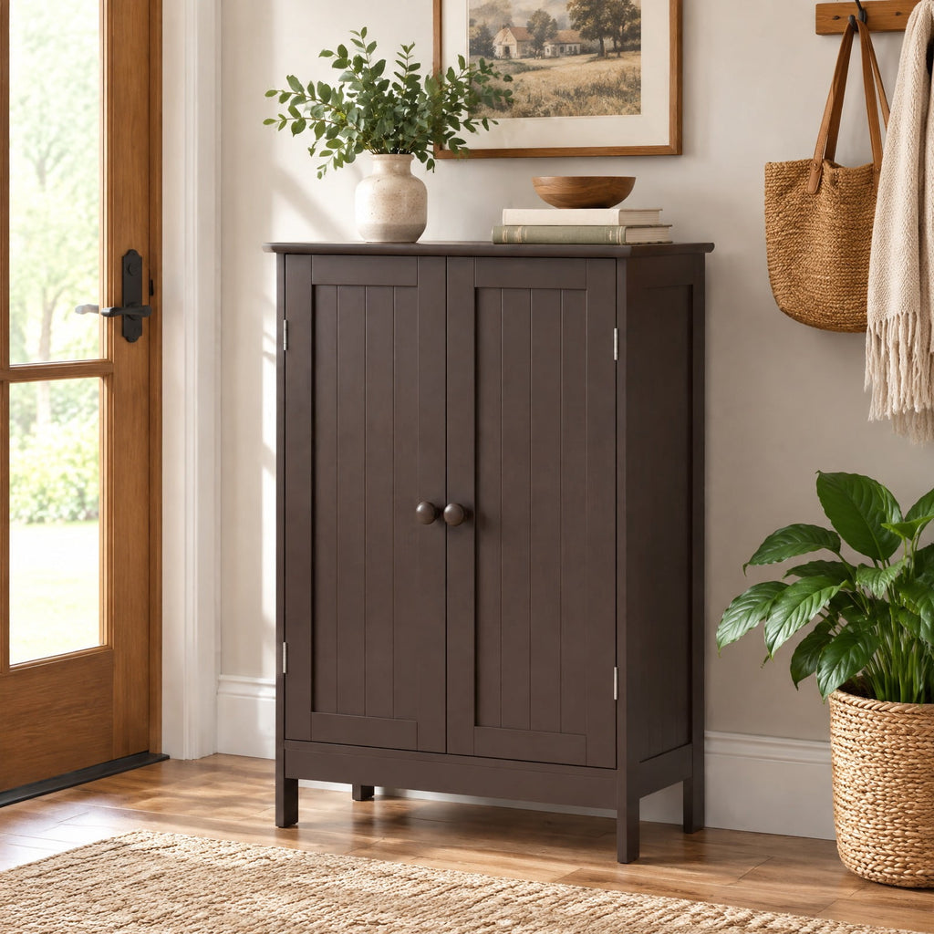 Airfind Bathroom Floor Storage Double Door Cupboard Cabinet, 22 lbs Capacity, MDF Frame, 24in x 14in x 34.5in Footprint, Brown