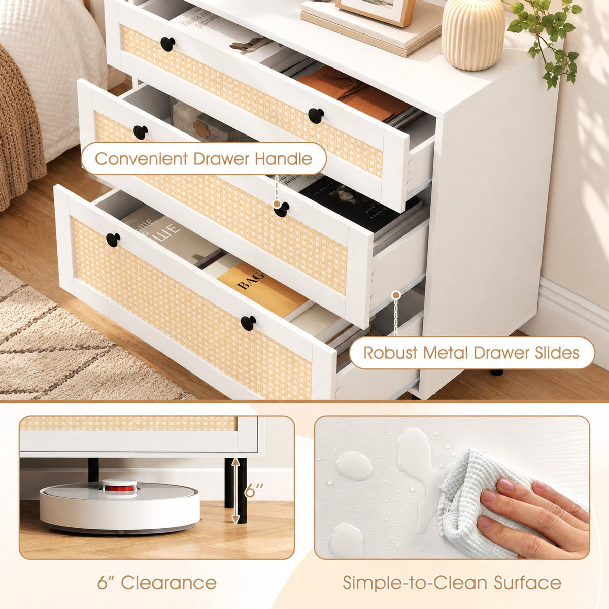 Airfind 3-Drawer Rattan Nightstand Boho Chest of Drawers for Bedroom, 66 lbs Capacity, Engineered Wood MDF Metal Frame, 29.5 x 14 x 31 Footprint