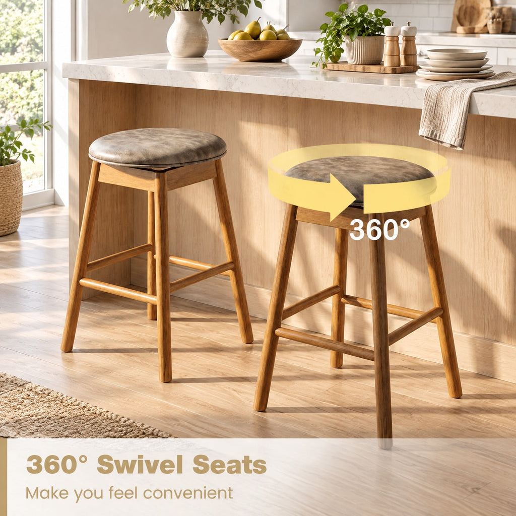 Airfind Swivel Counter Height Barstools with Solid Wood Legs and Footrests-Set of 2, 290 lbs Capacity, PU Leather Sponge Rubber Wood MDF Frame, Wood